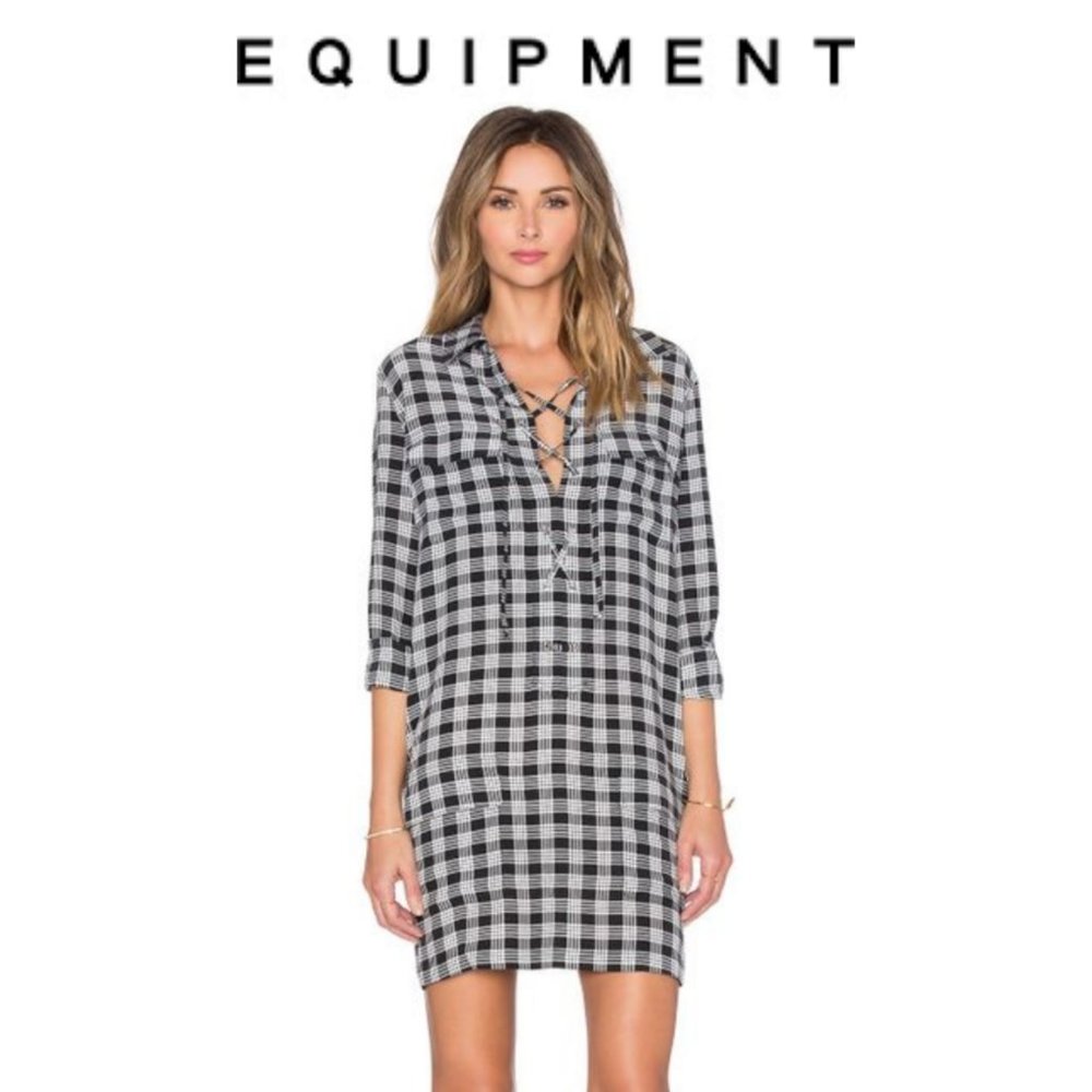 Equipment Black and White Plaid Lace-Up Long Sleeve Dress
